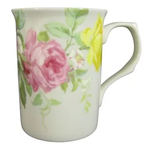 Stechcol Kaffeebecher Gracie Bone China 10 Unzen rosa gelbe Rosen grüne Blätter Blumen - Bild 1 von 5