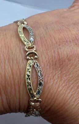 GOLd 14k women Bracelet stampato oro tri yellow gold rose diamond cut 7.75" inch - Image 1 of 4