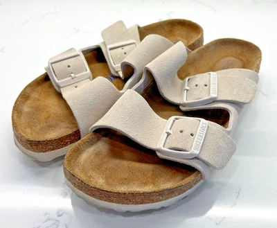 BIRKENSTOCK ARIZONA CREAM SUEDE SOFTFOOTBED SANDALS SZ 38 Womens Shoe Used - Image 1 of 4