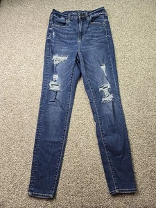 American Eagle Jeans Womans 6 Blue Denim Curvy Super Hi Rise Jegging Distressed - Picture 1 of 15