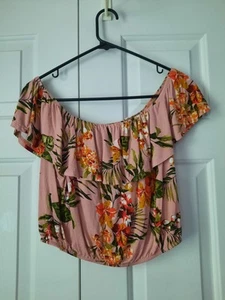 Ambiance Pink Floral Print On or Off Shoulder Elastic Hem Crop Top LARGE - Picture 1 of 3
