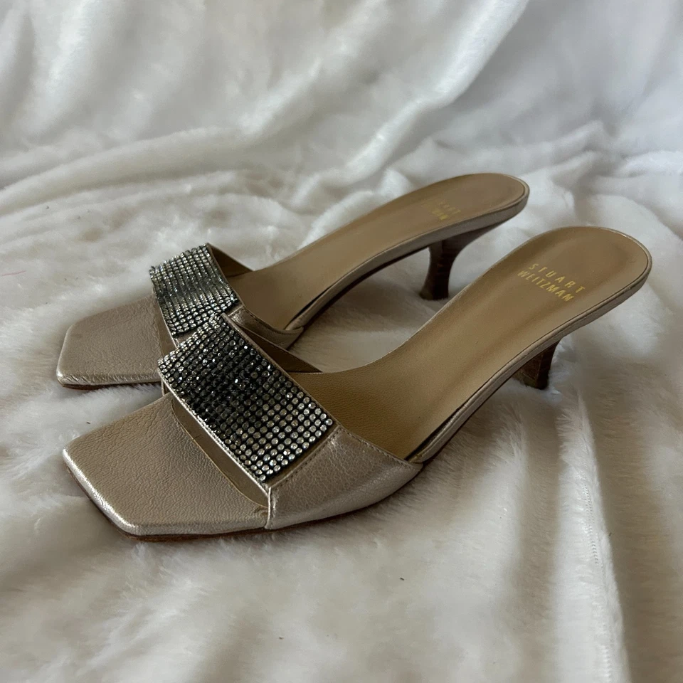 Stuart Weitzman Kitten Heel Slides Womens 6.5 Silver Rhinestones Italy VTG - Image 1 of 4