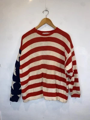 Vintage 90s Perry Ellis American Flag Sweater Cotton Knit Size Large Flaws* - Image 1 of 4