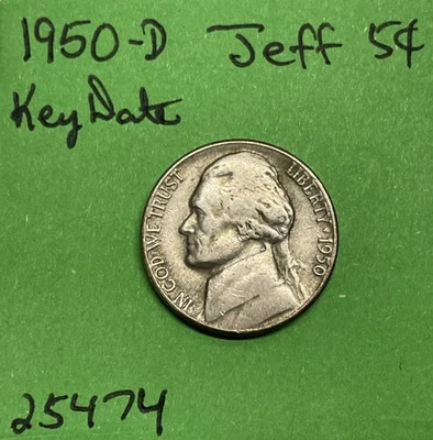 1950 D Jefferson Nickel 5 Cent Piece 5c Fine US Coin - Image 1 of 3