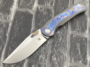 QK Rihe Design Folding Knife M390 Blade Titanium+TiDamascus Handle QK002-TiDama - Picture 1 of 11