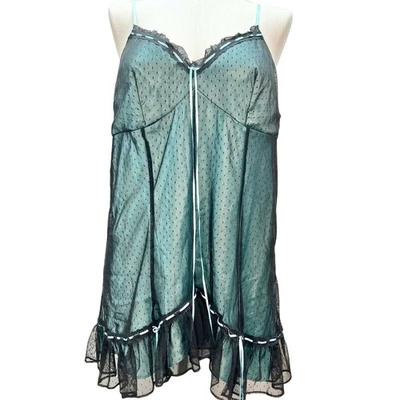 Cacique Sheer Teal Black Polka Dot Babydoll Nightgown With Lace Trim 18/20 - Изображение 1 из 4