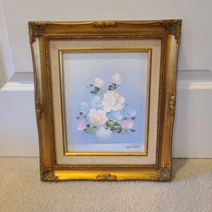 Vtg Floral Bouquet on blue oil painting still life signed Gold Frame 12.5 x 15 - Picture 1 of 4