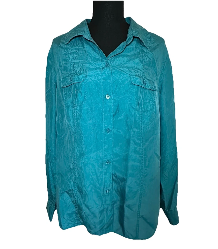 Blusa Tommy Bahama Para Mujer 100% Seda Azul Hidro Manga Larga Abotonada GRANDE Foto 1 de 4