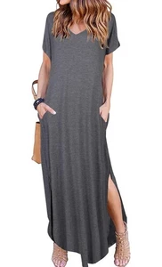 Arolina Maxikleid neu ohne Etikett Taschen, V-Ausschnitt T-Shirt Kleid, Seitenschlitze, schwarz, Medium - Bild 1 von 5