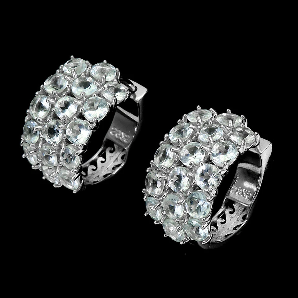 925 Orecchini Argento Sterling Rotondo Acquamarina 4mm Naturale Gemma Gioiello - Immagine 1 di 4