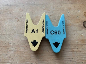 Take a Number Magnets, Tickets, Deli Counter, Wooden, Lot of 2, Blue and Yellow - Picture 1 of 2