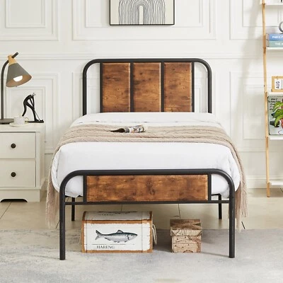 Marco de cama doble/completo/queen size con cabecero de madera plataforma de metal de alta resistencia Foto 1 de 4