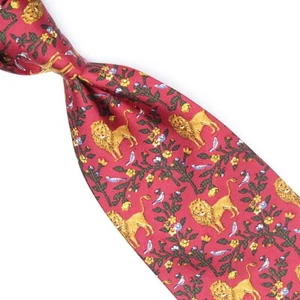 Paul Fredrick Mens Silk Necktie Red Green Gold Lion Print King of the Jungle Tie - Picture 1 of 7
