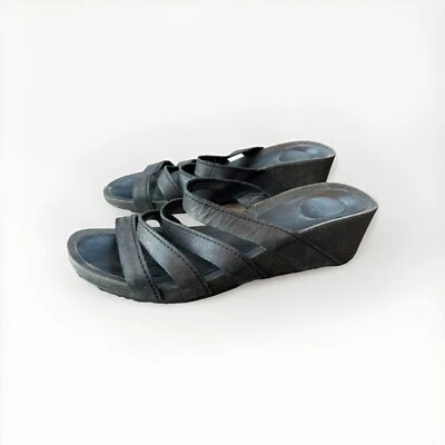 Teva Ysidro Black Leather Slide Sandals Size 10.5 Cork Wedge Strappy Comfort - Image 1 of 4