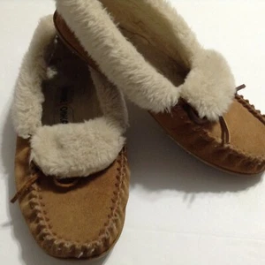 Minnetonka Moccasin Womens 7 Brown Suede Trapper Faux Fur Fold Indoor Outdoor - Picture 1 of 8