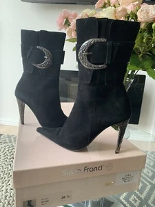 Silvia Franci Bkack Suede Silver Buckle High Heel Boots 36.5 RRP £289 - Picture 1 of 8