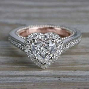 2CT Heart Cut Simulated Diamond Women Halo Wedding Ring 14K Two Tone Gold Plated - Picture 1 of 5