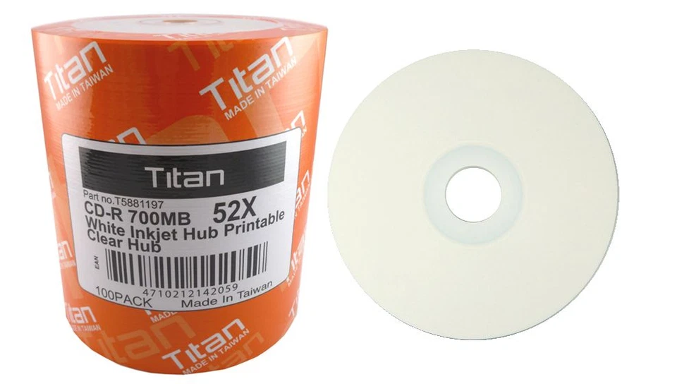 100 Titan Brand 52X Blank CD-R CDR White Inkjet HUB Printable Disc 700MB - Image 1 of 1