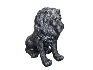 Sitzender Löwe Gartenfigur Silberfarben aus Kunstharz groß H: 65 cm -11530- - Picture 1 of 9