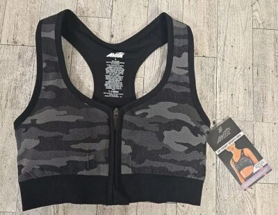 Sujetador deportivo Avia con cremallera frontal PEQUEÑO camuflaje almohadillas extraíbles soporte medio sin costuras NUEVO Foto 1 de 4