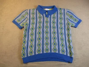 Oxknitstore Knit Polo Sweater Shirt Men Large Blue Yellow Retro Preppy Tennis - Picture 1 of 13