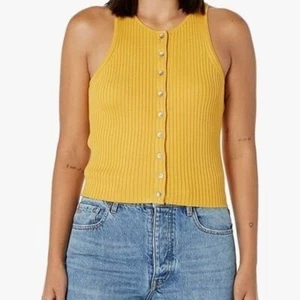 Camiseta sin mangas Calvin Klein acanalada con botones delanteros amarillo mostaza nueva con etiquetas XS - Imagen 1 de 9