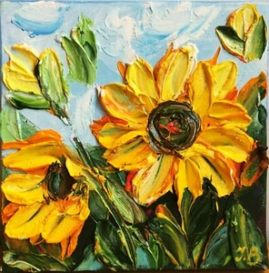 Pintura al óleo floral sobre lienzo. Arte girasol. Flor amarilla. Cuadro Ucrania - Imagen 1 de 11