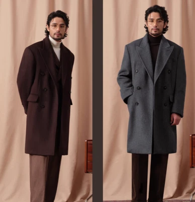 Thickened 100% Wool Coat Men's Mid Long Double-breasted Jacket Lapel Overcoats - Image 1 of 4