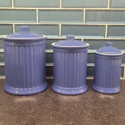 Simsbury Ceramic Canister Set Of 3 In Blue By Omni Housewares Clean EUC - Image 1 of 4
