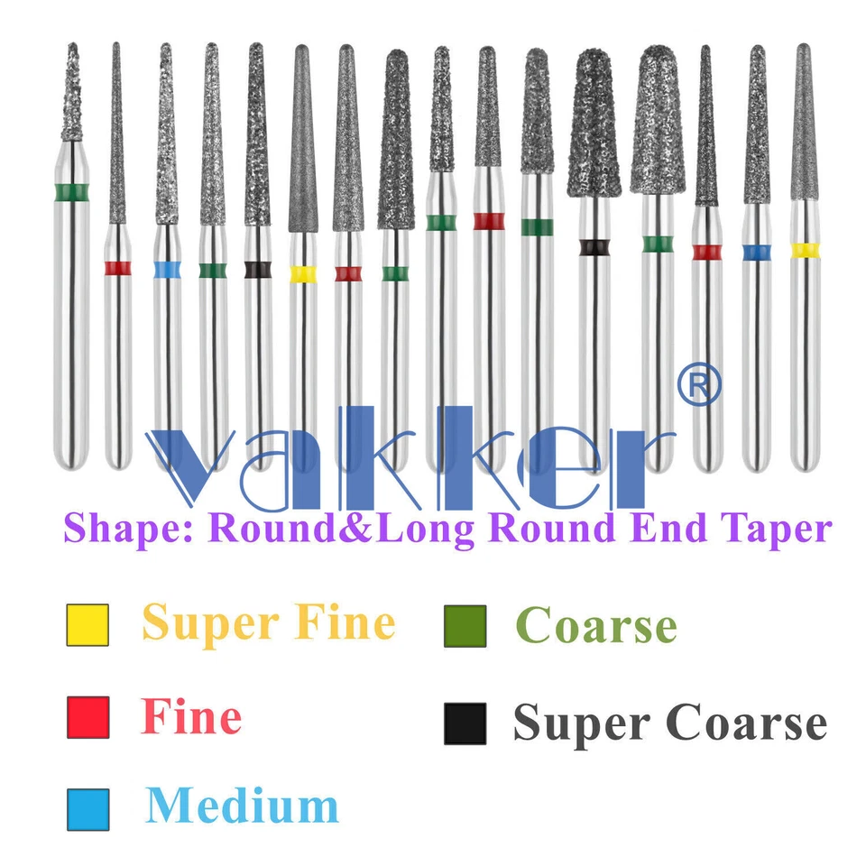 10pc/pk Vakker Dental FG Diamond Burs Round Long/ Round End Taper for High Speed - Image 1 of 4