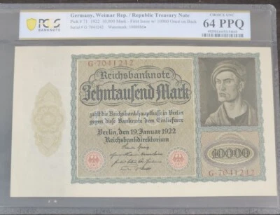 1922 Germany 10000 Mark PCGS 64 PPQ Note - Image 1 of 2