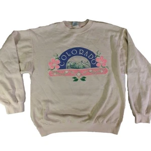 Vtg Colorado Sweatshirt Women's Sz L White Floral Graphic Casual Rockies 80s 90s - Foto 1 di 14