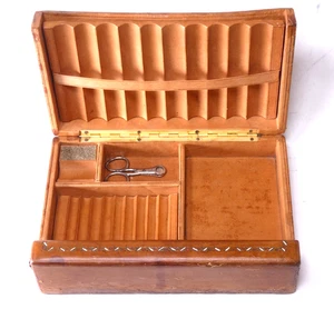 Vintage Leather Silk Italian Cigar Humidor Case with Vesta +Clipper - Picture 1 of 14