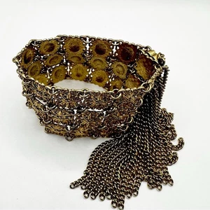 Banana Republic Bracelet Gold Tone Mesh Bold Fringe Boho Wide Cuff Maximalist - Picture 1 of 11