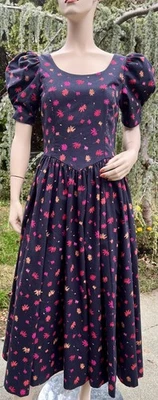 VINTAGE 1990's LAURA ASHLEY BLACK COTTON FLORAL PRINT DRESS LOW BACK W/ BOW - Image 1 of 4