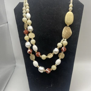 CHICO's #4 Statement Necklace Gold, Pearl, Stones Boho Multi Strand Chunky - Picture 1 of 11