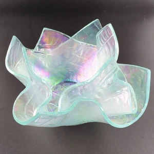 Signierte Melissa Studio Kunst Glas irisierend Aqua Crackle Taschentuch Schale GUC - Bild 1 von 9