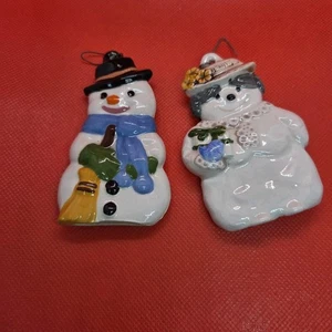 2er Set Vintage Keramik Weihnachtsschmuck Schneemann Schneefrau Paar - Bild 1 von 7