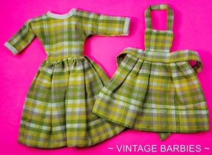 Vintage Barbie Doll Sized Green Plaid Dress & Apron MINTY ~ 1960's - Picture 1 of 11