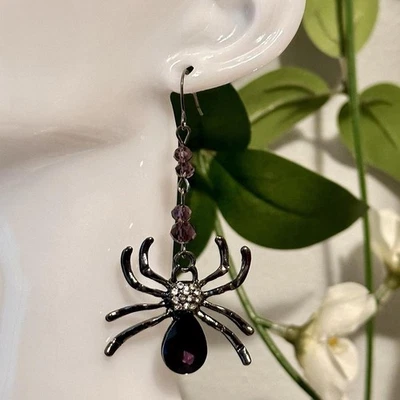 Spider Crystal Earrings Dangle Hook Women Halloween Jewelry Gift Purple New - Image 1 of 2