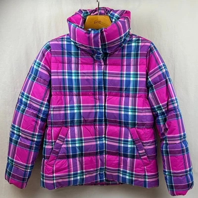Talbots Down Alternative Pink Blue Plaid Puffer Coat Snap Closure Cozy Pockets S - Image 1 of 4