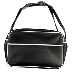 Vintage 70s PVC Vinyl Travel Tote Carry On Shoulder Bag Hold All Mod Black White - Picture 1 of 19