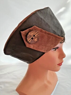 echt Leder Gr.59/60 Topfhut Kappe Rauh und Glattleder mit Knopf Unikat Diva  - Bild 1 von 4