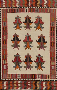 Semi-Antique Vegetable Dye Wool Kilim Ivory Hand woven Reversible Rug 5x8 Carpet - Picture 1 of 14