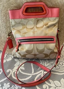 NEW COACH PURSE, BONNIE CASHIN Khaki Signature C Jacquard, Coral Leather Trim - Picture 1 of 6