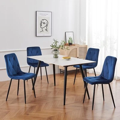 Set of 4 Grey/Blue Velvet Modern Kitchen Dining Chairs Soft Padded & Metal Legs - Image 1 of 4