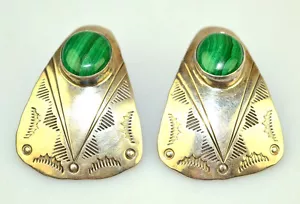 VINTAGE SOUTHWESTERN STERLING SILVER MALACHITE LARGE PIERCED EARRINGS SIGNED DLF - Picture 1 of 5