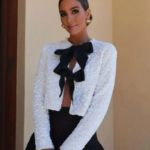 H&M Tie-front Bow Sequin Ribbon Jacket Cardigan Holidays White M NWT - Picture 1 of 9