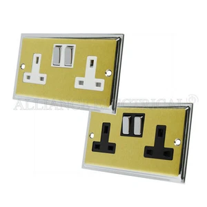 Slimline Satin Brass Polished Chrome Edges Socket 2 Gang 13A Double Plug Outlet - Picture 1 of 3