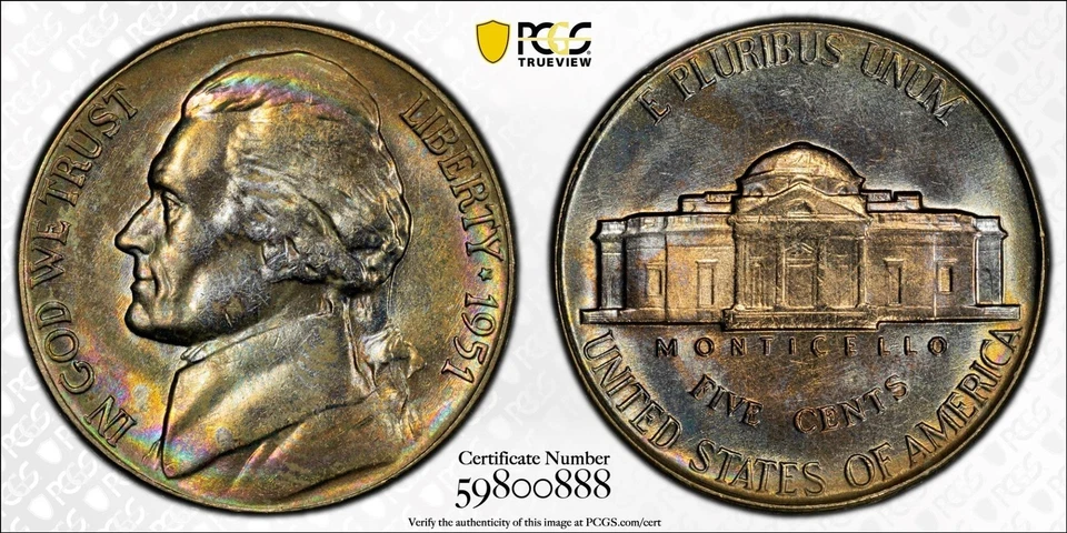 1951 Jefferson Nickel PCGS MS64 Rainbow Toned 🌈 Toning TrueView - Image 1 of 3